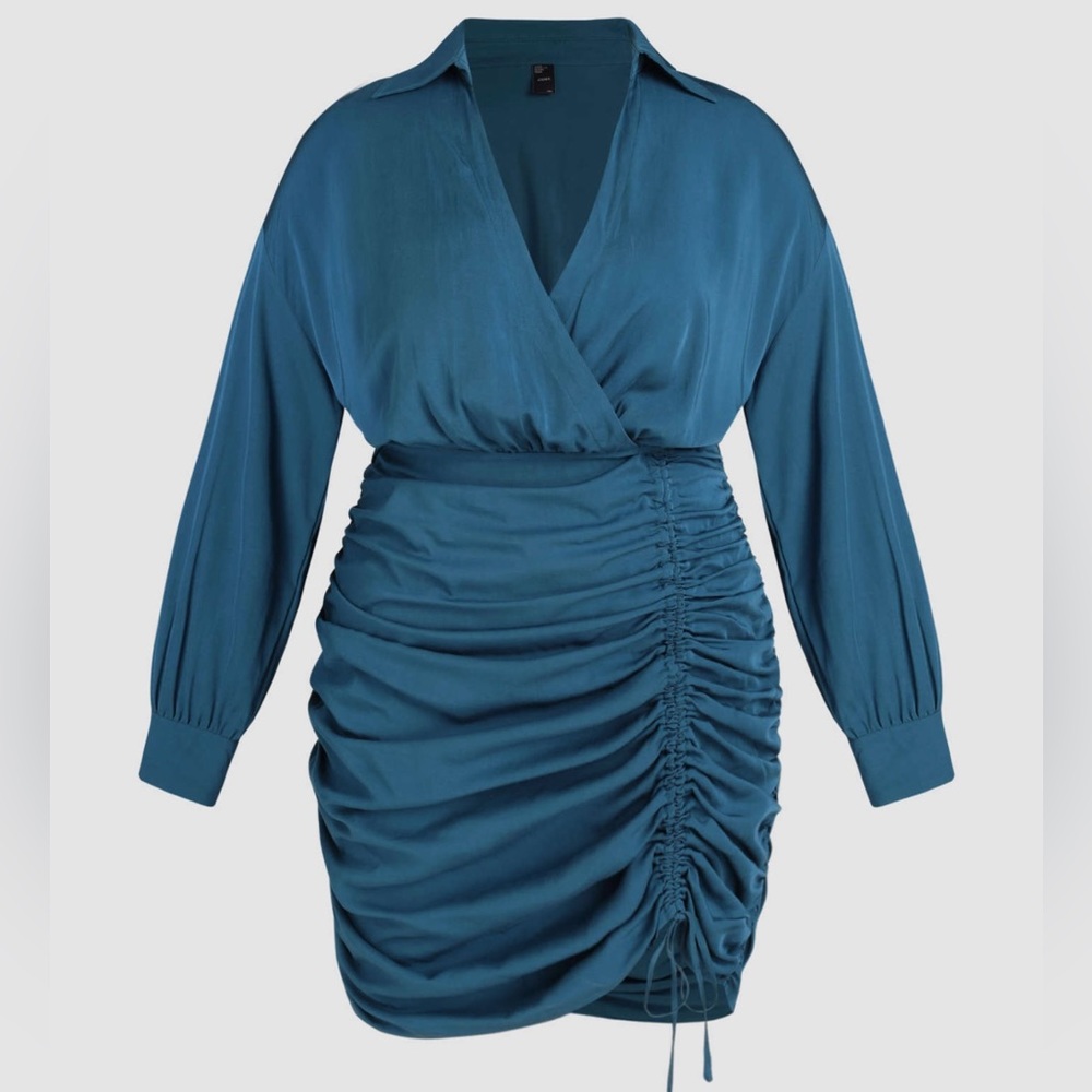 Cider Collar Long Sleeve Wrap Drawstring Mini Dress Curve and Plus